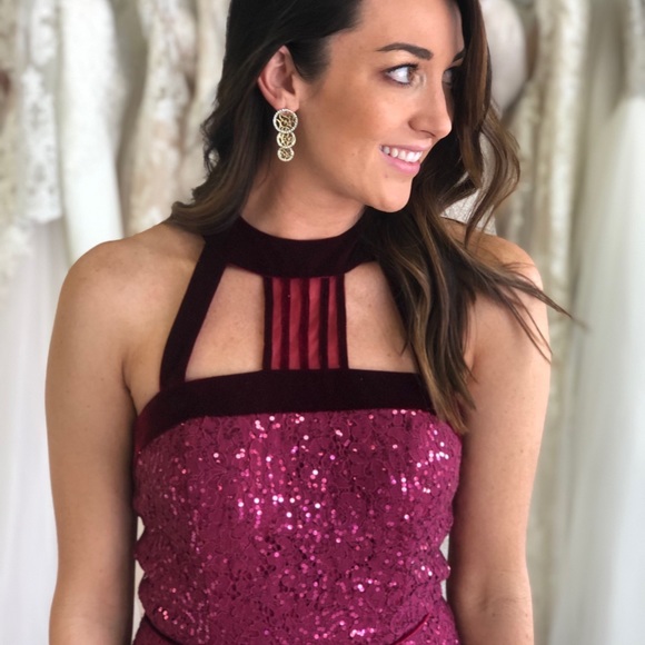 Maroon/Burgundy Sequin and Velvet Short Dress - Picture 8 of 8